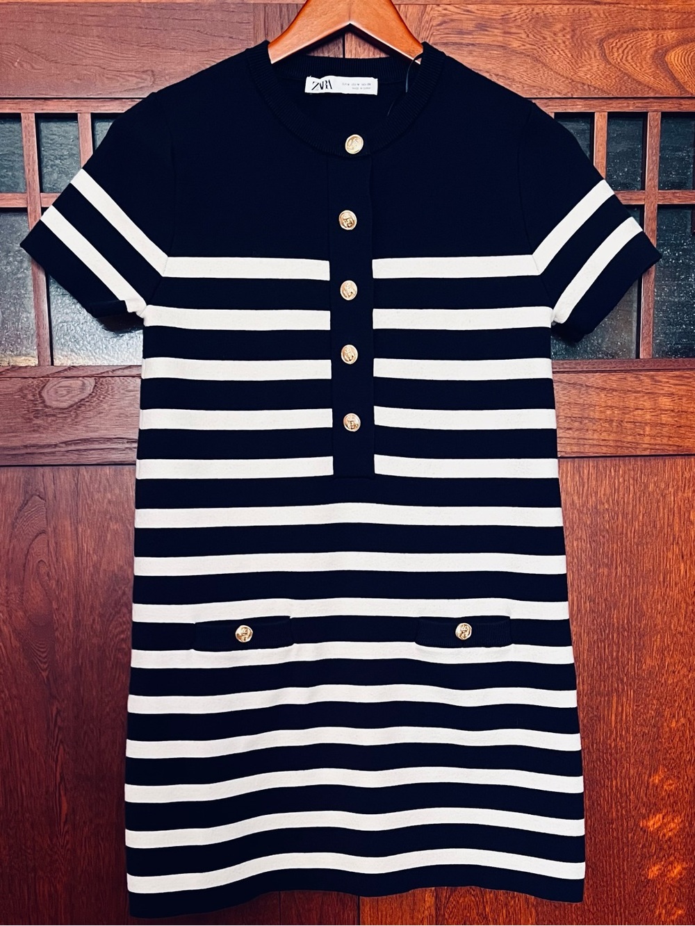 Zara Dark Navy and White Striped Short Sleeve Knit Dress with Gold Buttons
